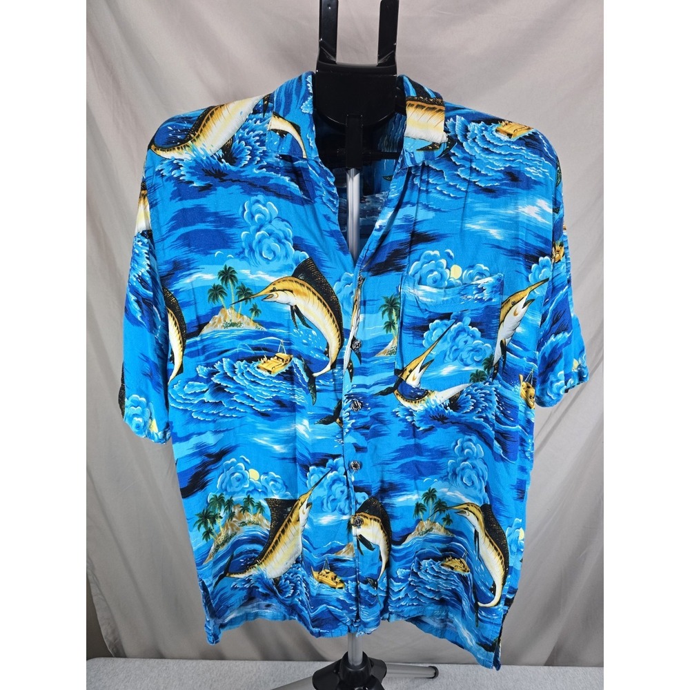 Basix casual shirt XL 100% rayon Jumling Bkue Marlin
